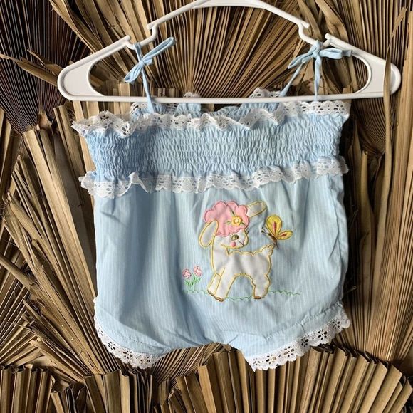 Vintage Romper Blue with Lamb and Lace size 18 mo - 2T 1970's Childrens Clothes - Picture 4 of 6